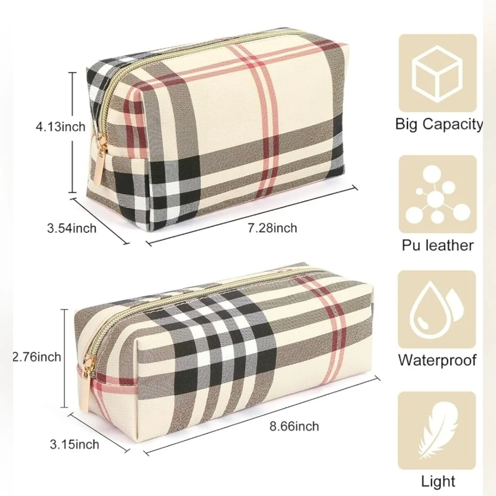 Cosmetic Bags, 2 Small Make Up Bags In Khaki Plaid. New!